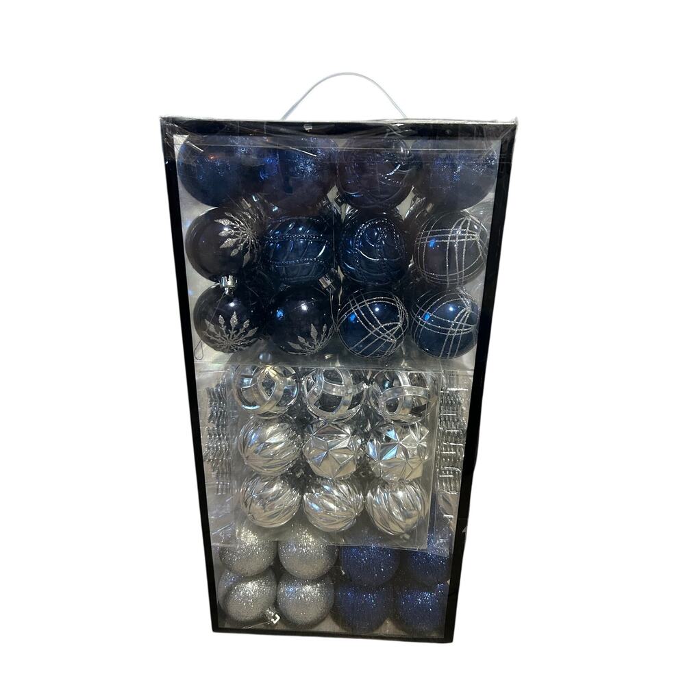 Holiday Time 101-Piece Shatterproof Christmas Ornament Set Navy Blue Silver